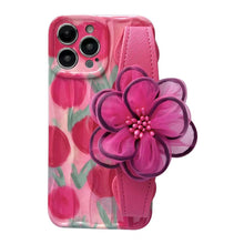 Load image into Gallery viewer, Icy Black Pink Flower Wristband iPhone Case with Messenger Strap
