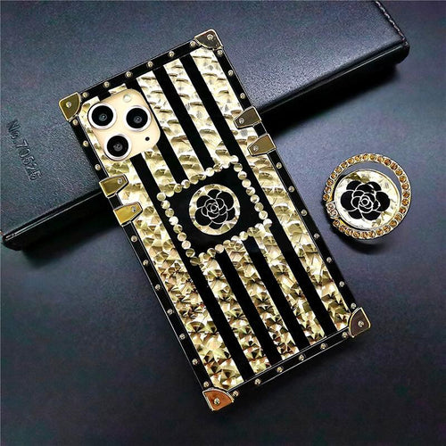 2021 Luxury Brand Black Rose Flower Stripe Glitter Gold Square Case For iPhone pphonecover