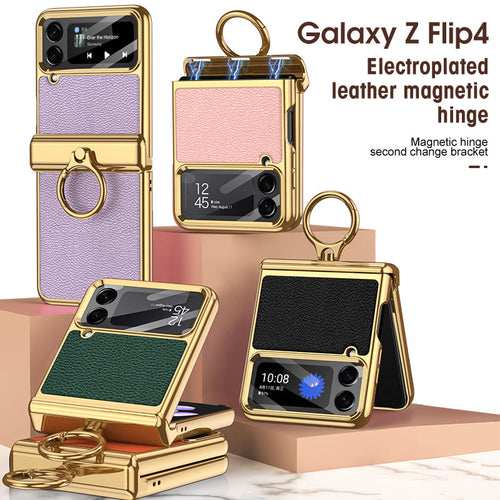 Electroplated Leather Magnetic Hinge Phone Case For Samsung Galaxy Z Flip4 Flip3 5G pphonecover