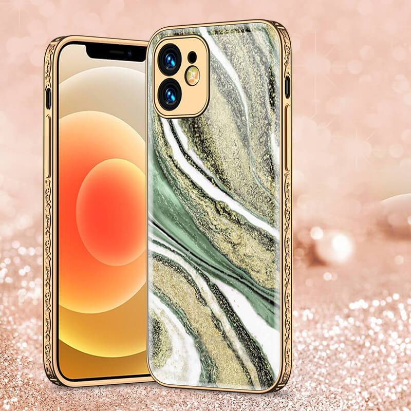 2021 Luxury Marble Plating Anti-knock Carving Edge Protection Tempered Glass Case For iPhone pphonecover