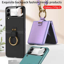 Load image into Gallery viewer, Original Leather Back Screen Tempered Glass Hard Frame Cover With Finger-Ring And Lanyard For Samsung Z Flip 3 5G pphonecover
