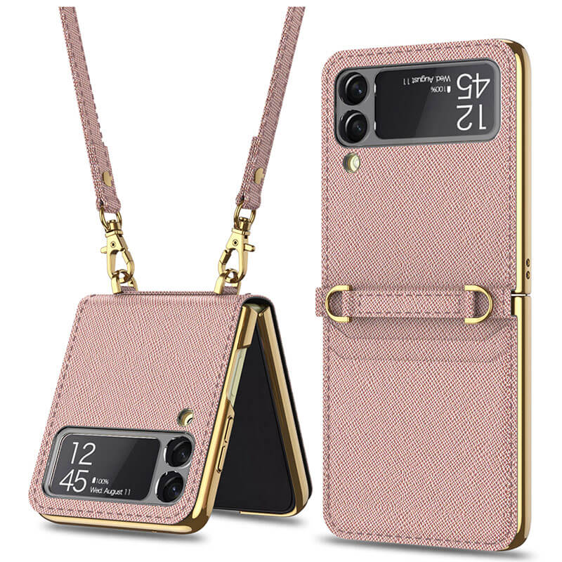 Textured Leather Strap Magnetic Fold Mirror Case For Samsung Galaxy Z Flip 3 5G pphonecover