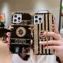 Load image into Gallery viewer, Luxury Brand Camellia Stripe Glitter Gold Square Case For iPhone pphonecover
