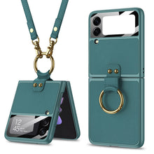 Load image into Gallery viewer, Original Leather Back Screen Tempered Glass Hard Frame Cover With Finger-Ring And Lanyard For Samsung Z Flip 3 5G pphonecover
