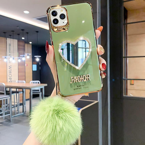 2021 Luxury Electroplating Makeup Mirror iPhone Case With Hairball pphonecover