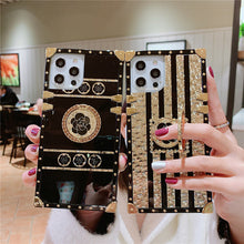 Load image into Gallery viewer, 2021 Luxury Brand Black Rose Flower Stripe Glitter Gold Square Case For iPhone &amp; Samsung pphonecover
