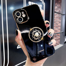Load image into Gallery viewer, 2021 Luxury Electroplated Gold Plating Glitter Case with Camellia Popsockets For iPhone pphonecover
