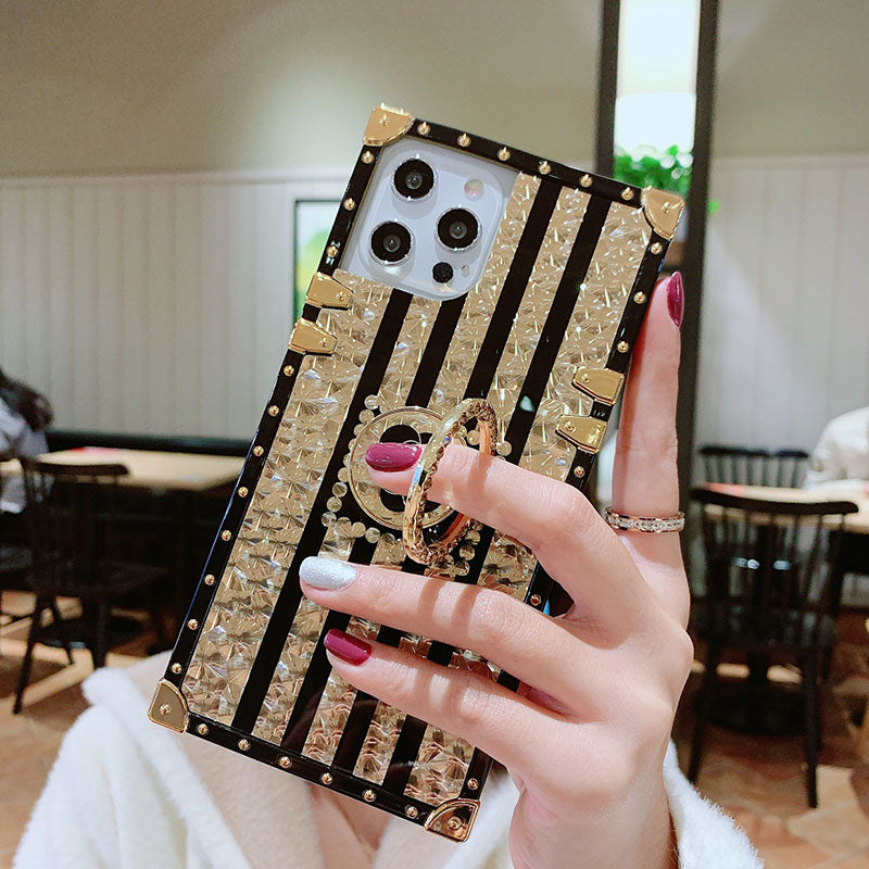 2021 Luxury Brand Black Rose Flower Stripe Glitter Gold Square Case For Samsung S21 S20 Note20 A72 A52 A42 A32 5G pphonecover