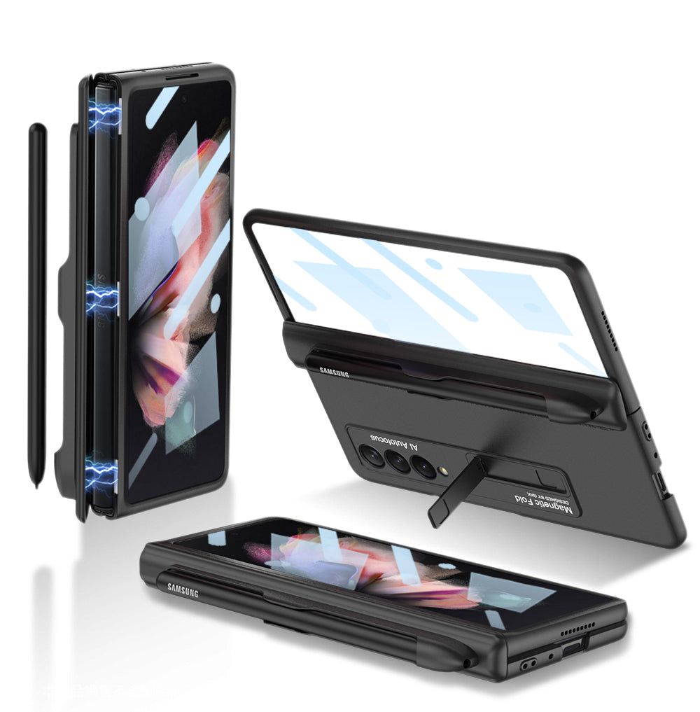 Magnetic Frame Plastic Stand Tempered Glass Screen All-included Case With Pen Slot For Samsung Galaxy Z Fold 3 5G pphonecover