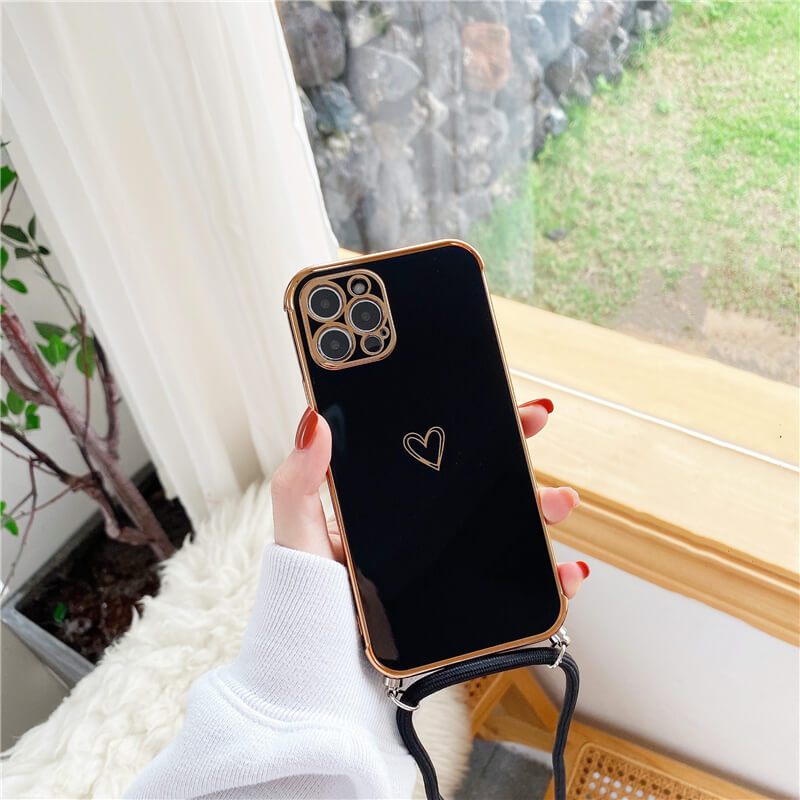 Crossbody Necklace Lanyard Plating Love Heart Case For iPhone 13 12 11 Pro Max Mini XS XR 7 8 Plus SE 2020 Bumper Soft Back Cover pphonecover