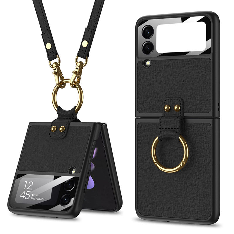 Original Leather Back Screen Tempered Glass Hard Frame Cover With Finger-Ring And Lanyard For Samsung Z Flip 3 5G pphonecover