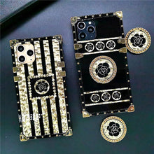 Load image into Gallery viewer, 2021 Luxury Brand Black Rose Flower Stripe Glitter Gold Square Case For iPhone pphonecover
