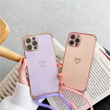 Load image into Gallery viewer, Crossbody Necklace Lanyard Plating Love Heart Case For iPhone 13 12 11 Pro Max Mini XS XR 7 8 Plus SE 2020 Bumper Soft Back Cover pphonecover
