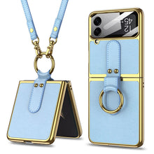 Load image into Gallery viewer, Luxury Leather Back Screen Tempered Glass Hard Frame Cover For Samsung Z Flip4 Flip3 5G With Lanyard pphonecover
