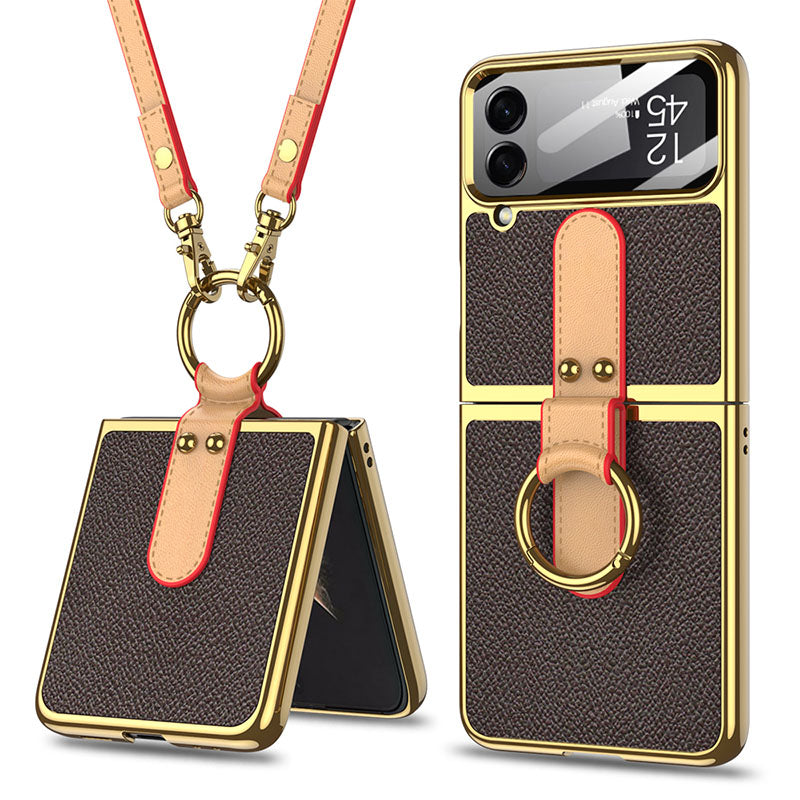 Luxury Leather Back Screen Tempered Glass Hard Frame Cover For Samsung Z Flip4 Flip3 5G With Lanyard pphonecover