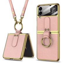 Load image into Gallery viewer, Luxury Leather Back Screen Tempered Glass Hard Frame Cover For Samsung Z Flip4 Flip3 5G With Lanyard pphonecover
