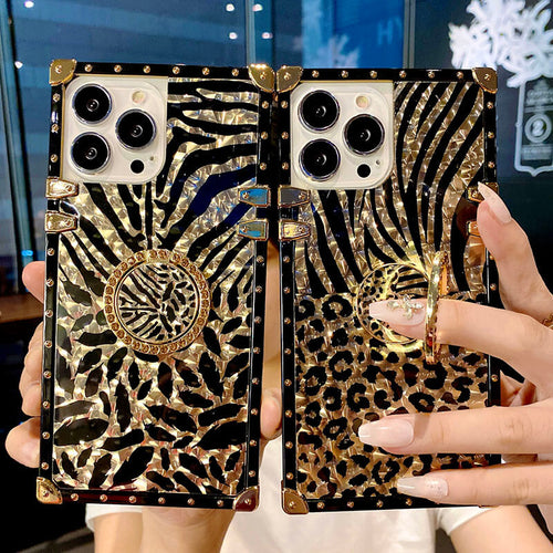 2021 Luxury Leopard Pattern Stripe Glitter Gold Square Case For iPhone pphonecover