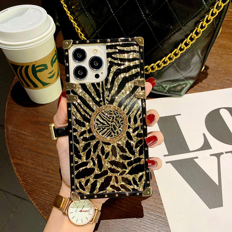 2021 Luxury Leopard Pattern Stripe Glitter Gold Square Case For Samsung pphonecover
