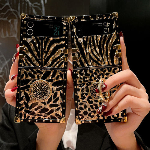 Luxury Leopard Pattern Stripe Glitter Gold Square Case For Samsung Galaxy Z Flip4 Flip3 5G pphonecover