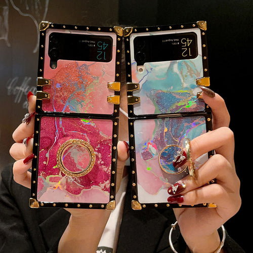 Luxury Laser Marble Pattern Ring Holder Protective Case For Samsung Galaxy Z Flip4 Flip3 5G pphonecover
