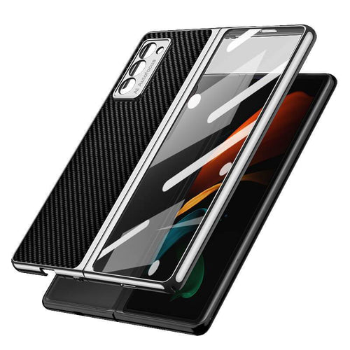Luxury Leather Carbon Fiber Plating Case For Samsung Galaxy Z Fold3 Fold2 With Tempered Glass Screen pphonecover