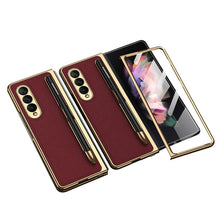 Load image into Gallery viewer, Luxury Leather Carbon Fiber Plating Case For Samsung Galaxy Z Fold3 Fold2 With Tempered Glass Screen pphonecover
