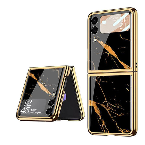 Marble Luxury Plating Frame Anti-knock Protection Glass Case For Samsung Galaxy Z Flip 3 5G pphonecover