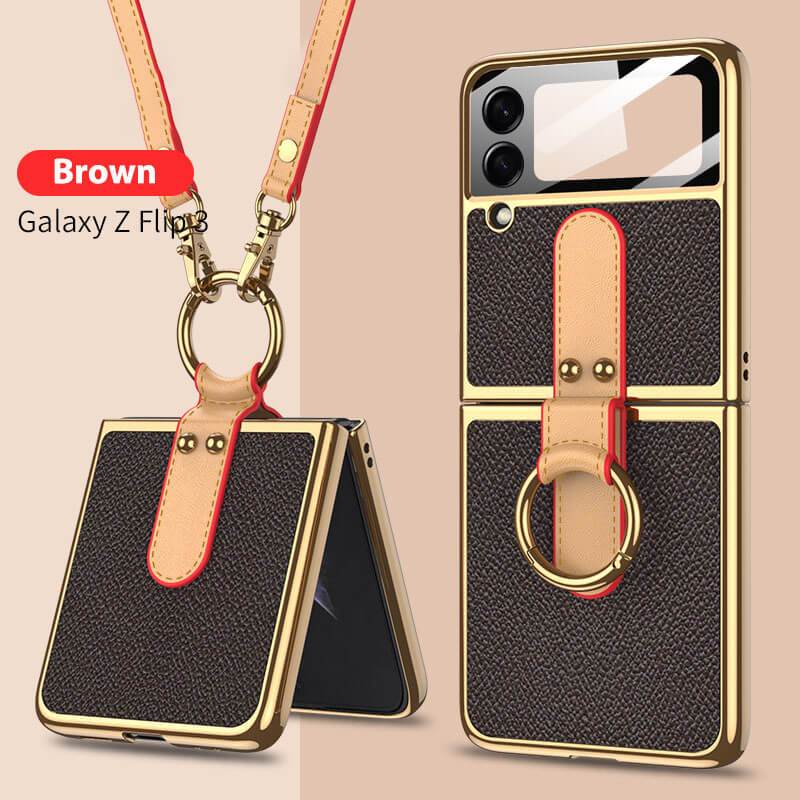 Original Leather Back Screen Tempered Glass Hard Frame Cover For Samsung Z Flip3 Flip4 5G With Lanyard pphonecover